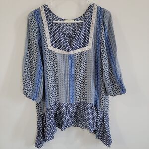 Womens Top Size Large Boho Peasant Sharkbite Hem Mixed Media Floral Print Blouse